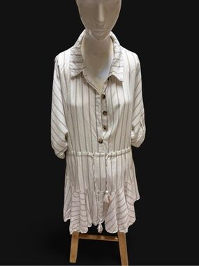 Aakaa Cream dress with Taupe Stripe Detail